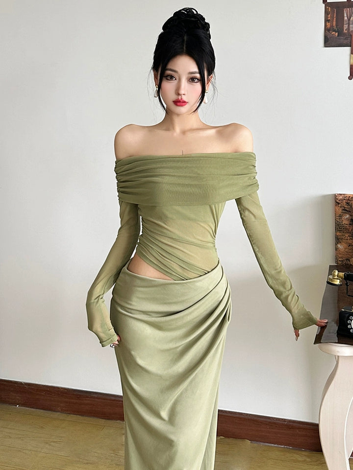 Green Off-Shoulder Mesh Fishtail Dress