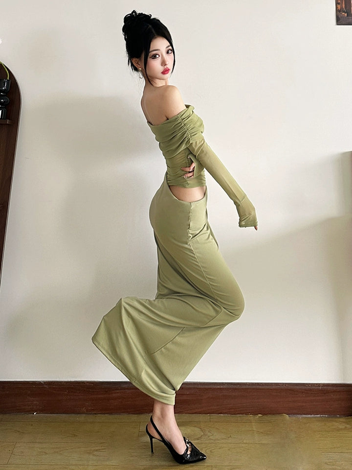 Green Off-Shoulder Mesh Fishtail Dress