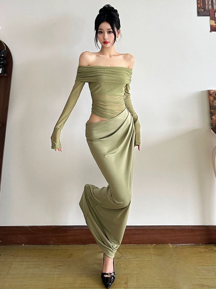 Green Off-Shoulder Mesh Fishtail Dress