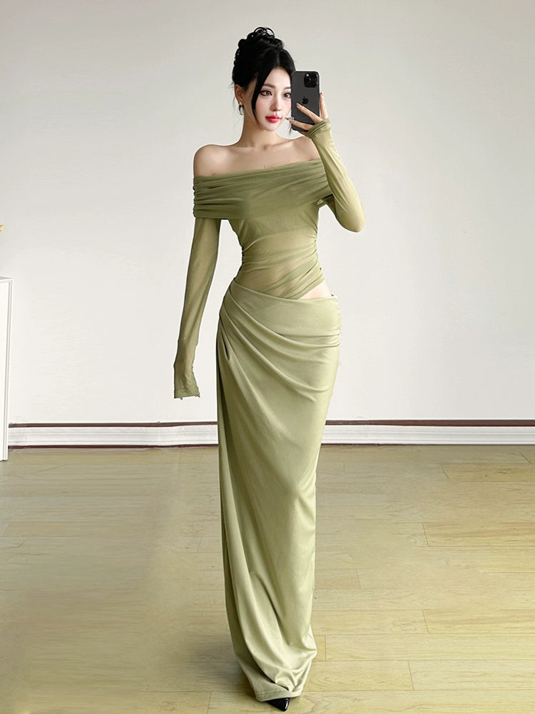 Green Off-Shoulder Mesh Fishtail Dress