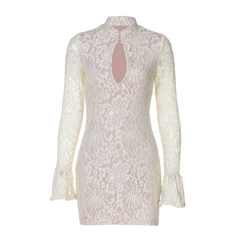 Lace Hollow Out Long Sleeve Sexy Mini Dress