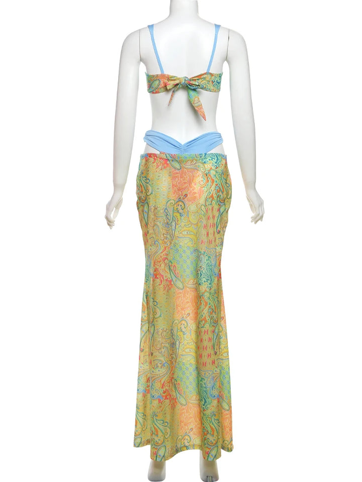 Colorful Print Bra Skirt Set