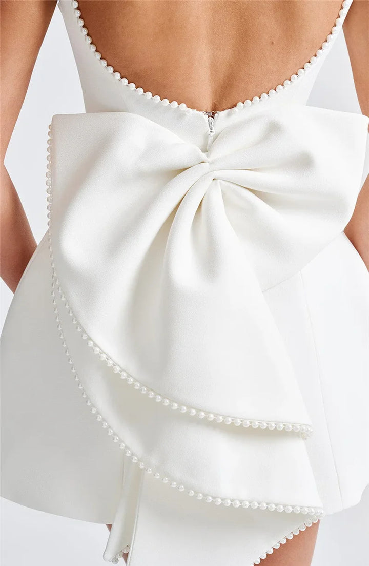 Backless Pearl Bow Mini Dress