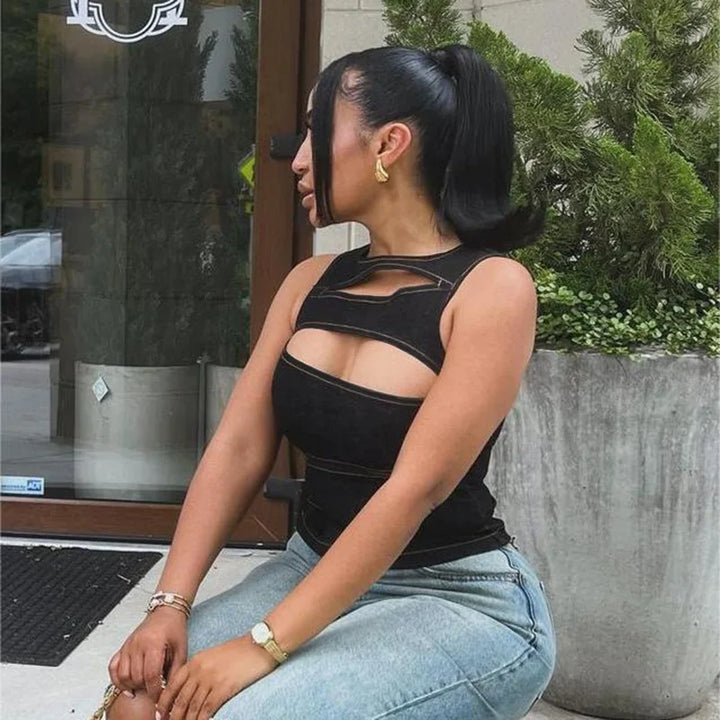 Sleeveless  Denim Round Neck Top