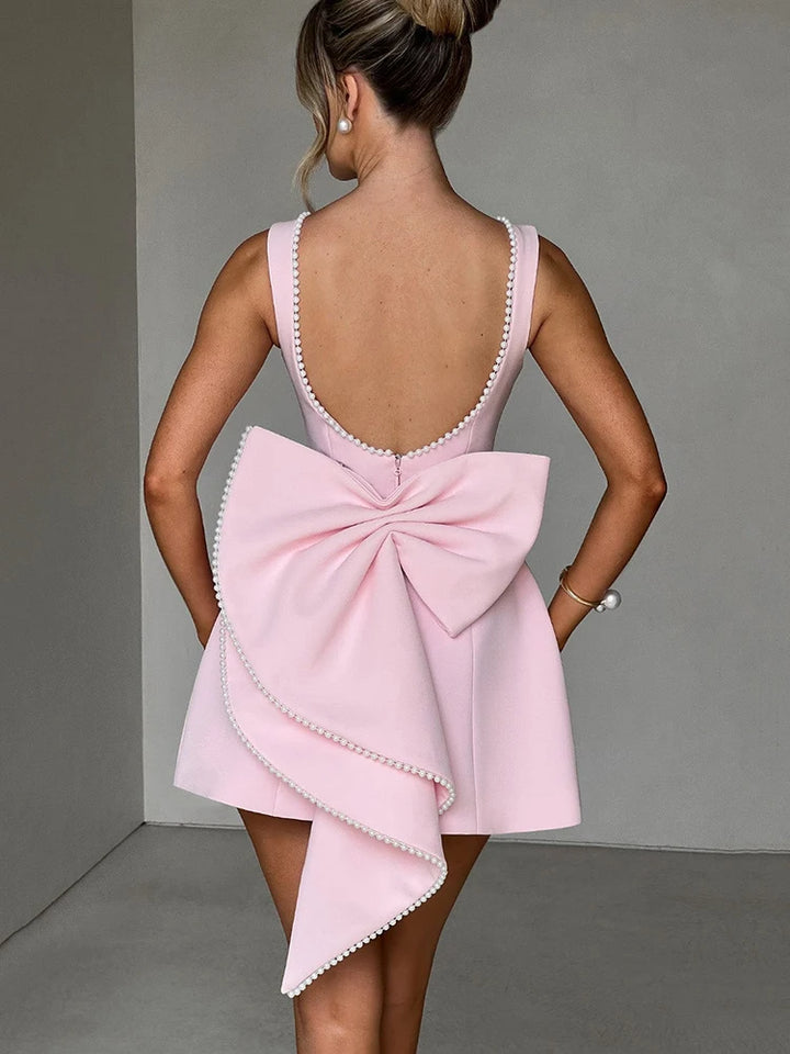 Backless Pearl Bow Mini Dress