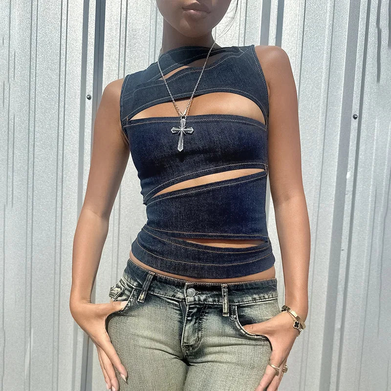 Sleeveless  Denim Round Neck Top