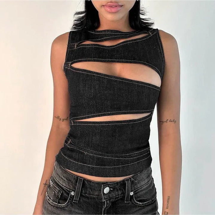 Sleeveless  Denim Round Neck Top
