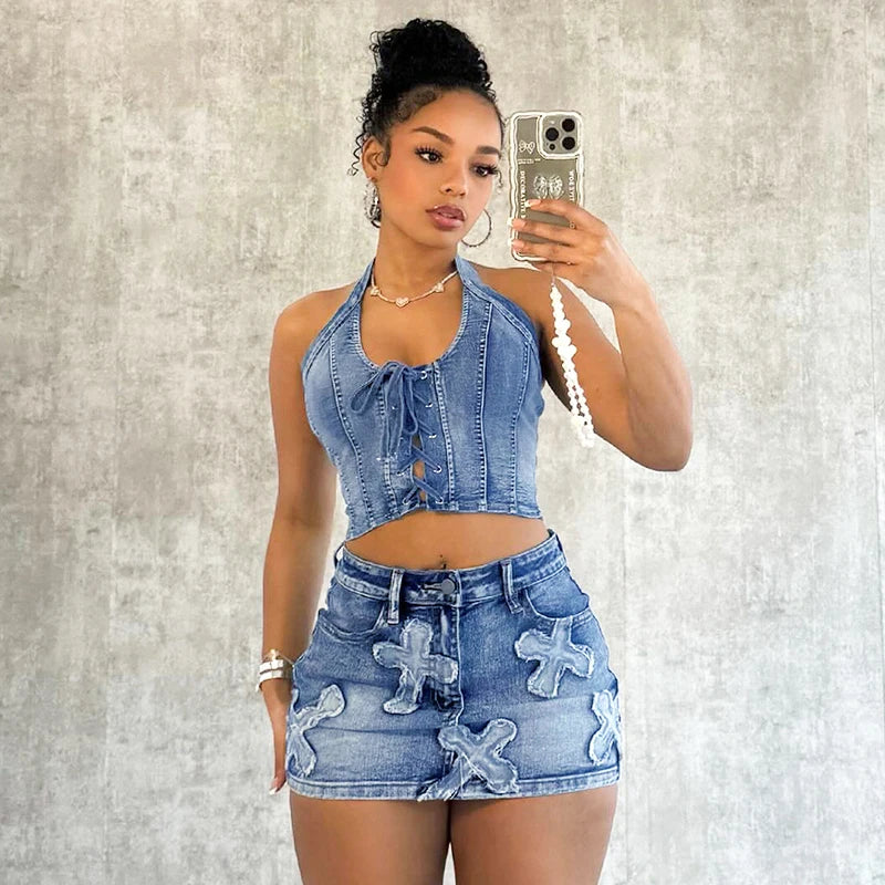 Denim Tie Up Sleeveless Halter And Mini Skirt Set