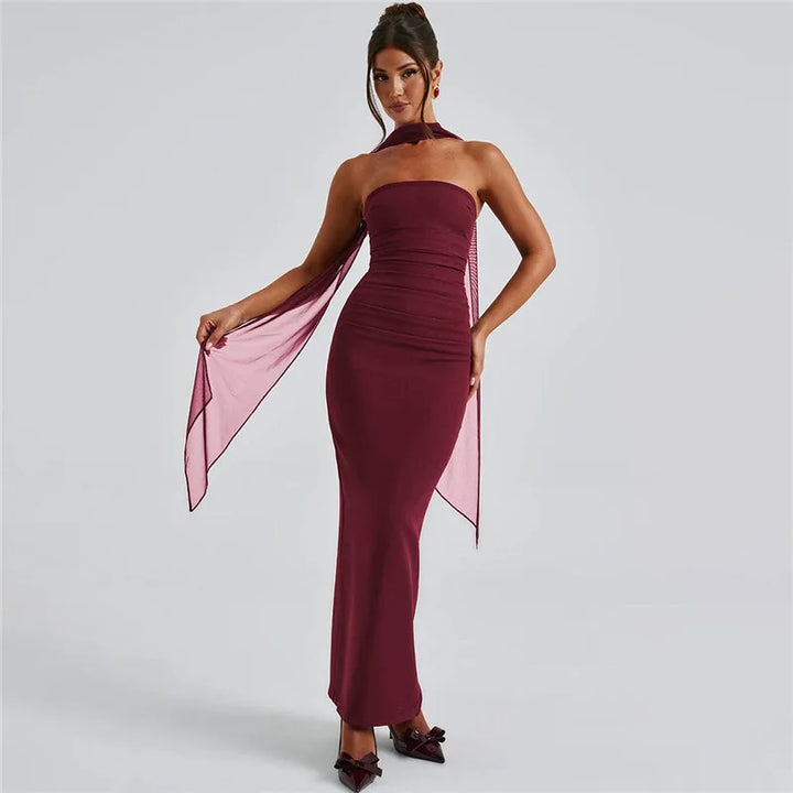 Strapless Backless Burgundy Maxi Dress