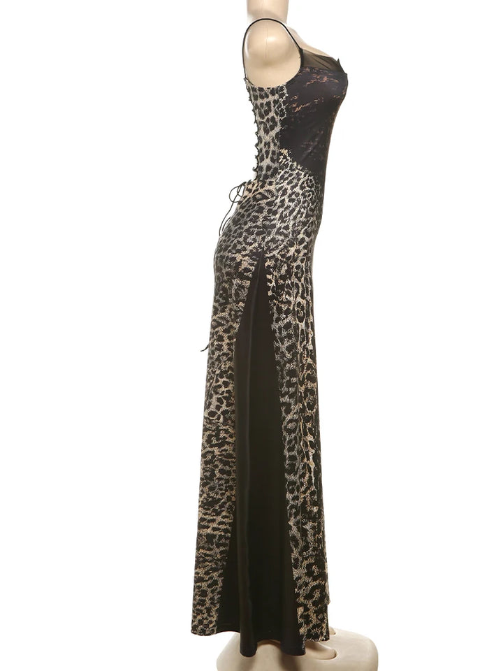 Leopard Draped Backless Maxi Dress