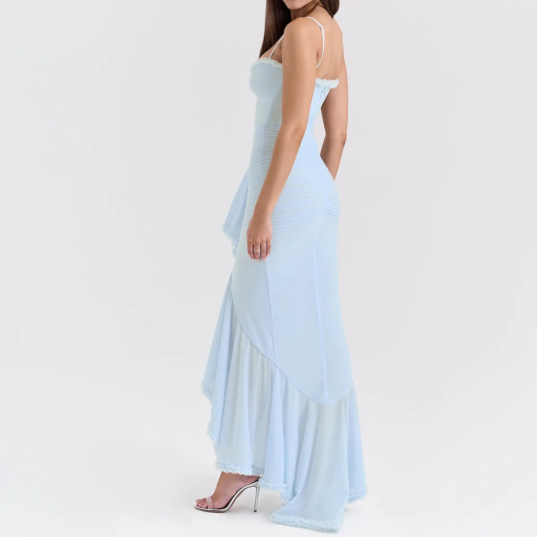 Elegant Sheer Mesh Ruffled Gown
