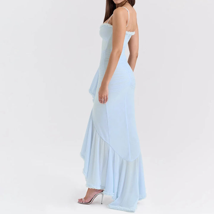 Elegant Sheer Mesh Ruffled Gown