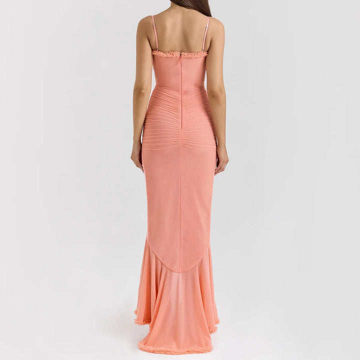 Elegant Sheer Mesh Ruffled Gown