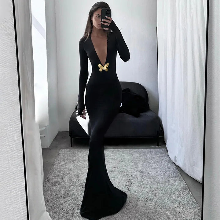 Embellished Deep V Maxi Dress
