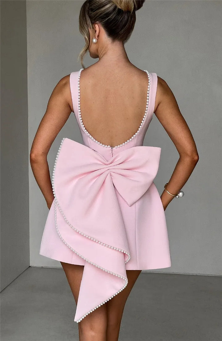 Backless Pearl Bow Mini Dress