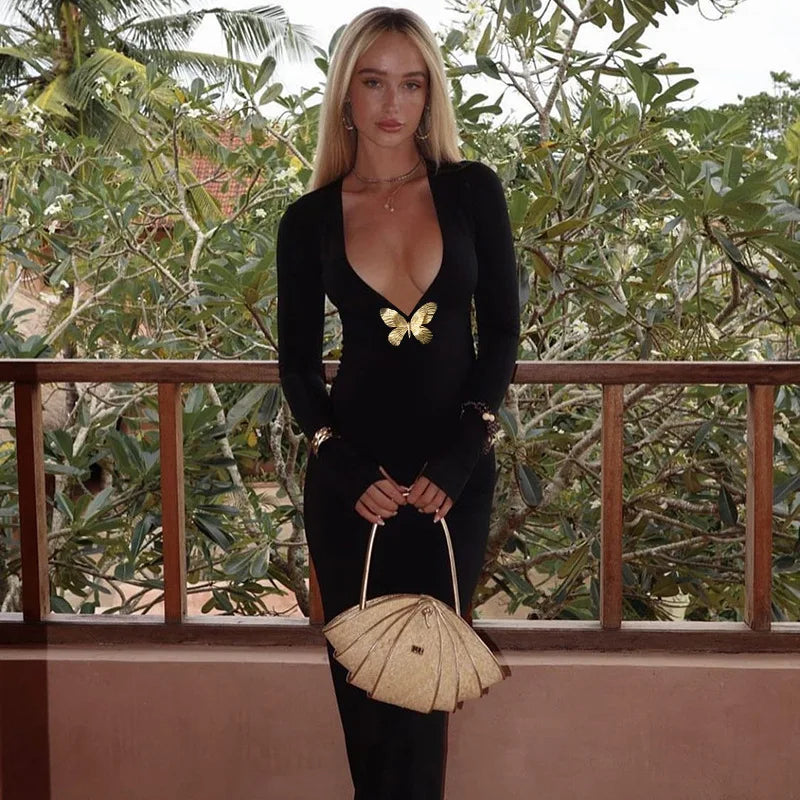 Embellished Deep V Maxi Dress