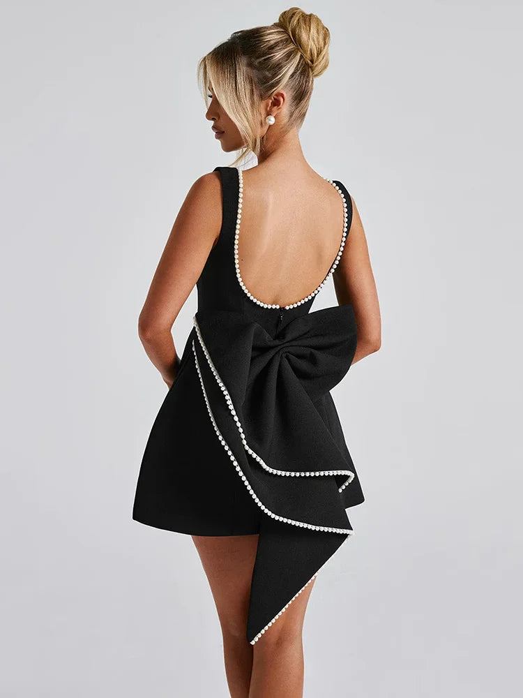 Backless Pearl Bow Mini Dress