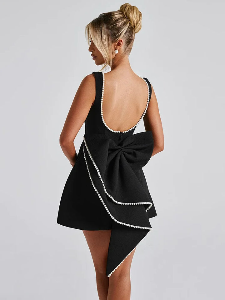 Backless Pearl Bow Mini Dress