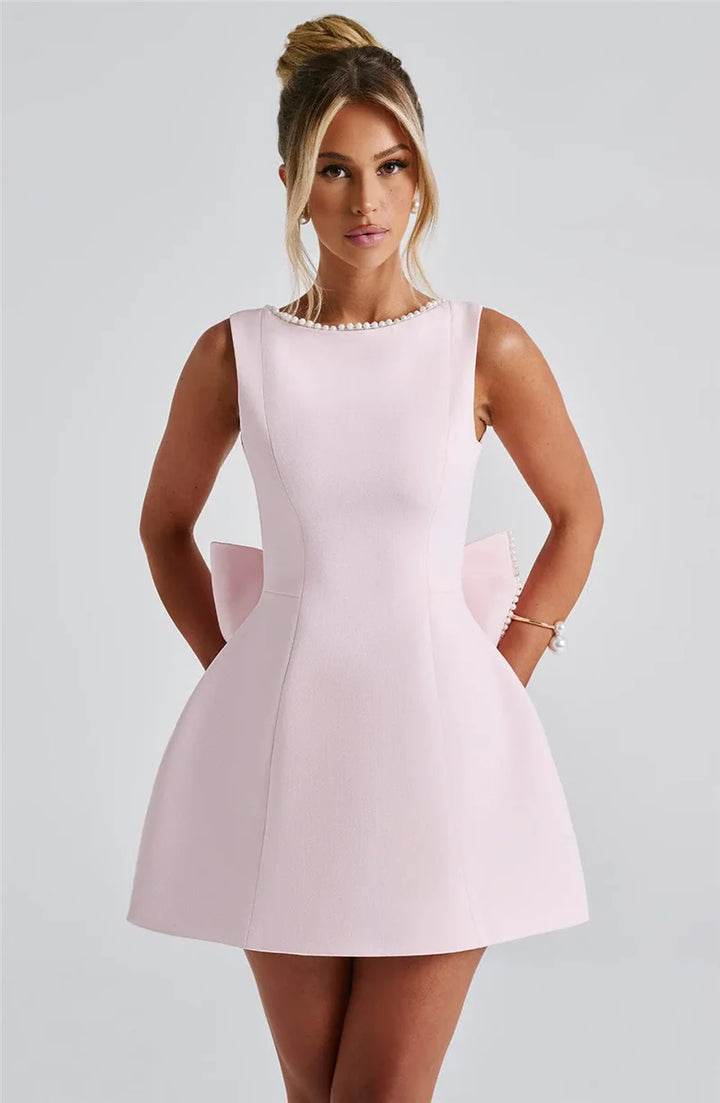 Backless Pearl Bow Mini Dress