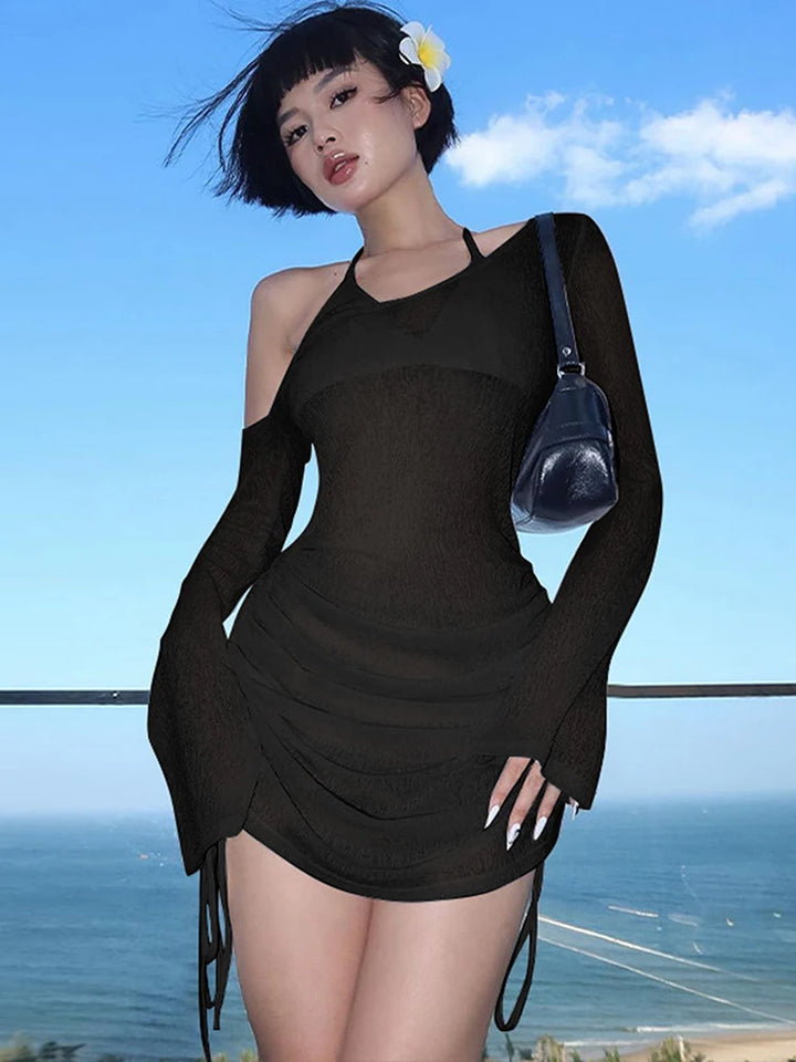 Ruched Lace-Up Mini Club Dress