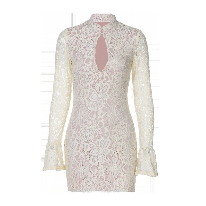 Lace Hollow Out Long Sleeve Sexy Mini Dress