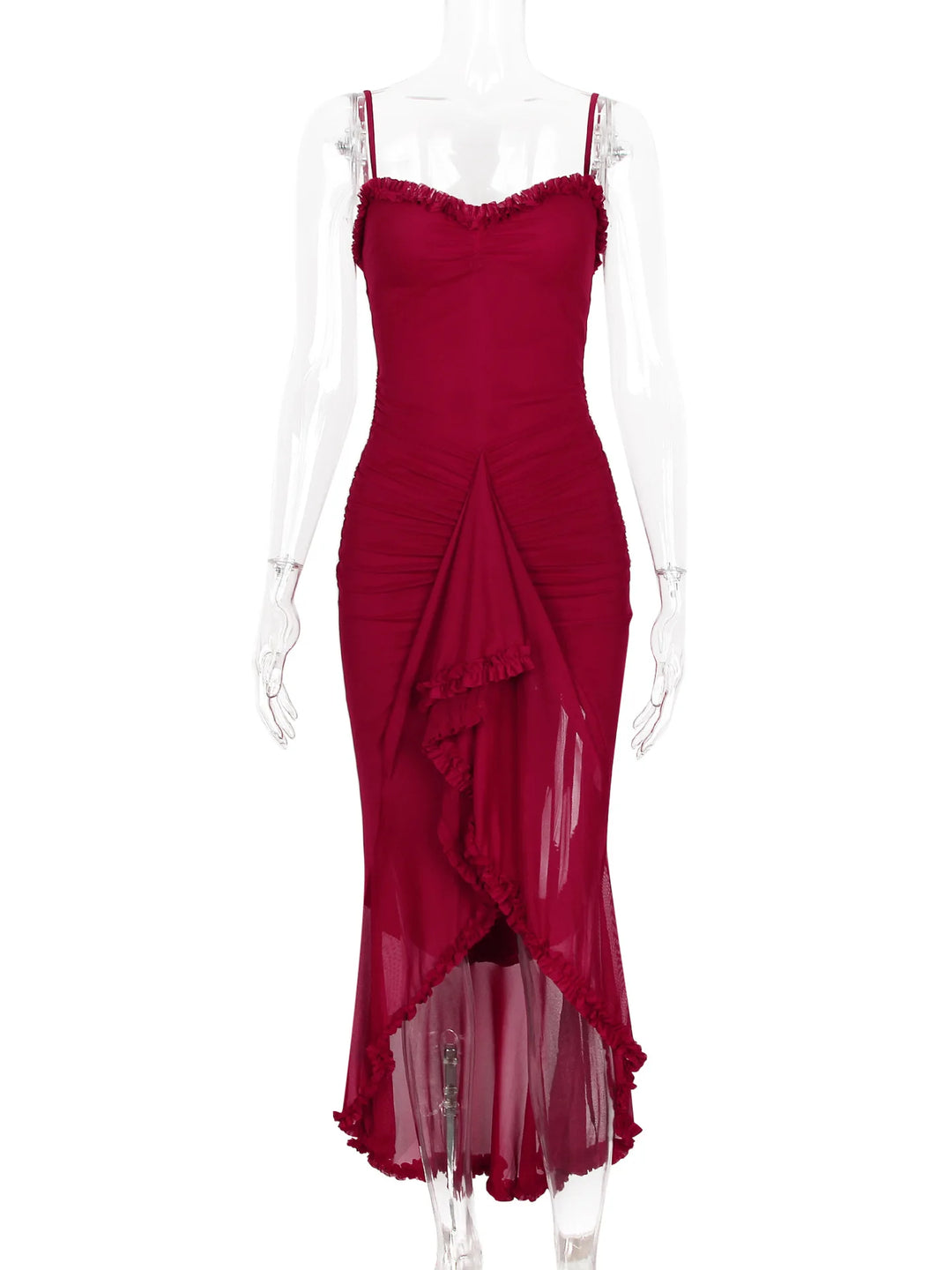Elegant Sheer Mesh Ruffled Gown