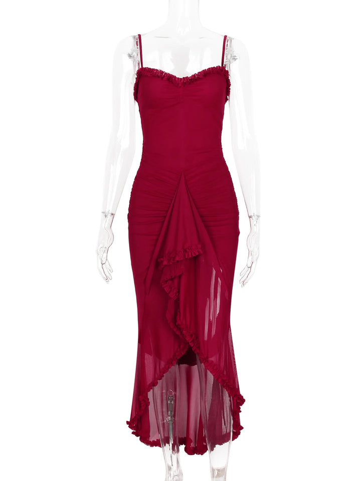 Elegant Sheer Mesh Ruffled Gown