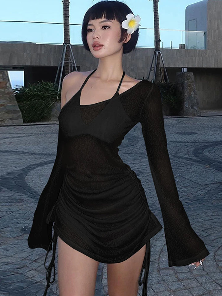 Ruched Lace-Up Mini Club Dress