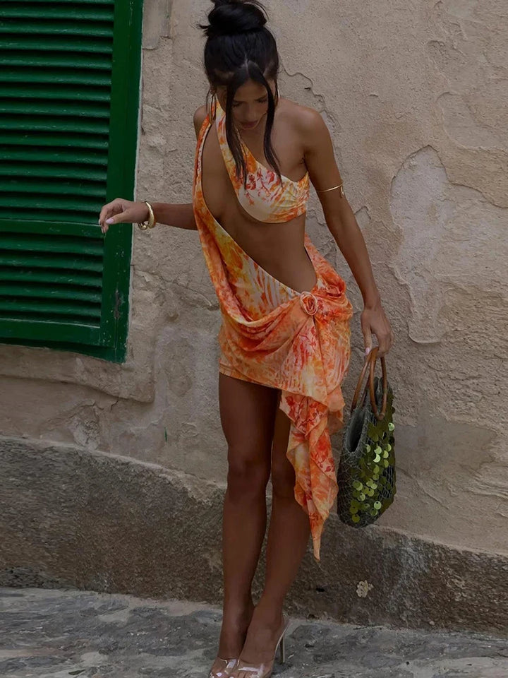 Tie Dye Incline Shoulder Hollow Cleavage Mini Dress