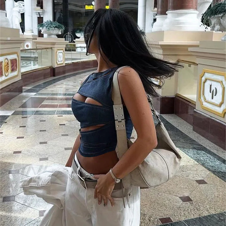 Sleeveless  Denim Round Neck Top