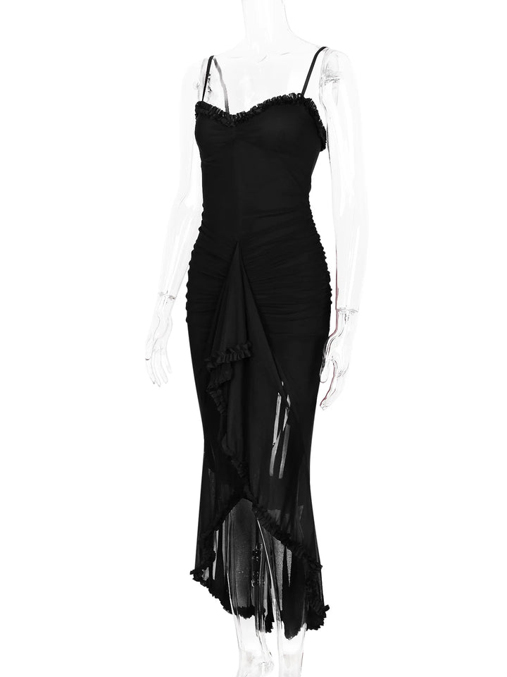 Elegant Sheer Mesh Ruffled Gown