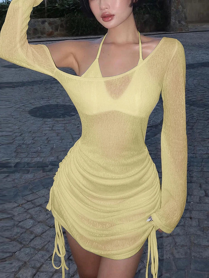 Ruched Lace-Up Mini Club Dress