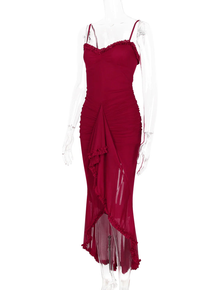 Elegant Sheer Mesh Ruffled Gown