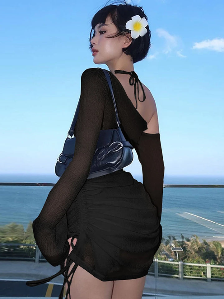 Ruched Lace-Up Mini Club Dress