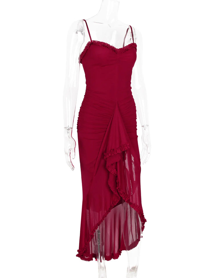 Elegant Sheer Mesh Ruffled Gown
