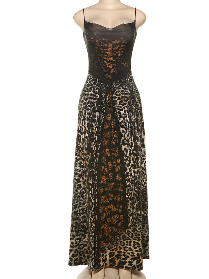 Leopard Draped Backless Maxi Dress