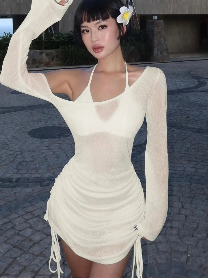 Ruched Lace-Up Mini Club Dress