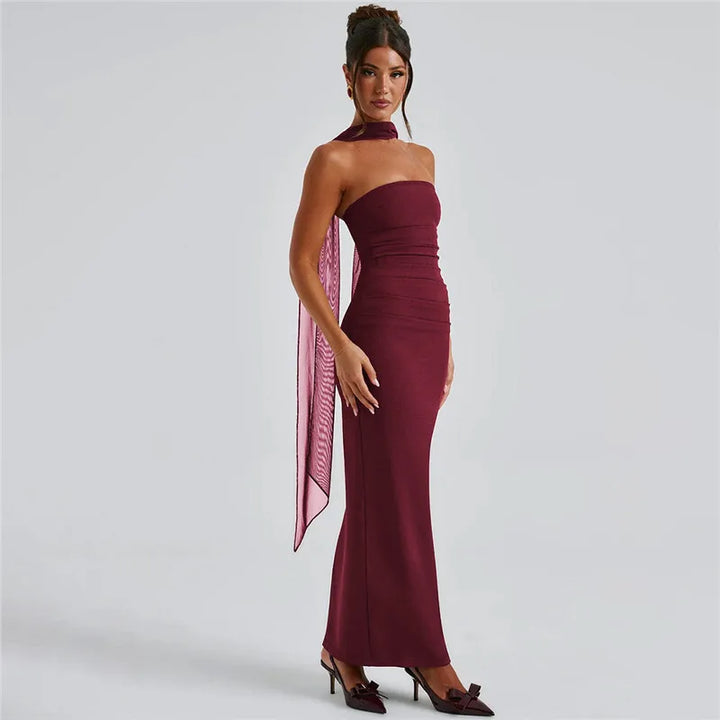 Strapless Backless Burgundy Maxi Dress