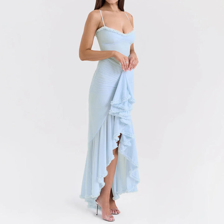 Elegant Sheer Mesh Ruffled Gown