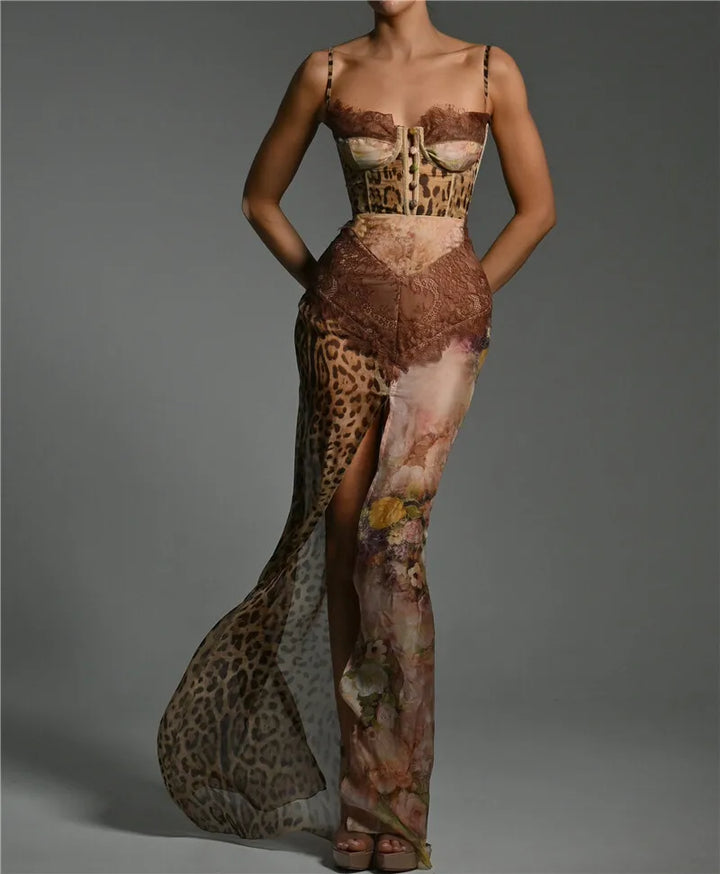 Leopard Print Lace Split Sexy Maxi Dress