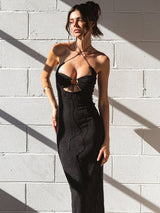 Halter Sexy Backless Cut Out Tie Up Maxi Dress