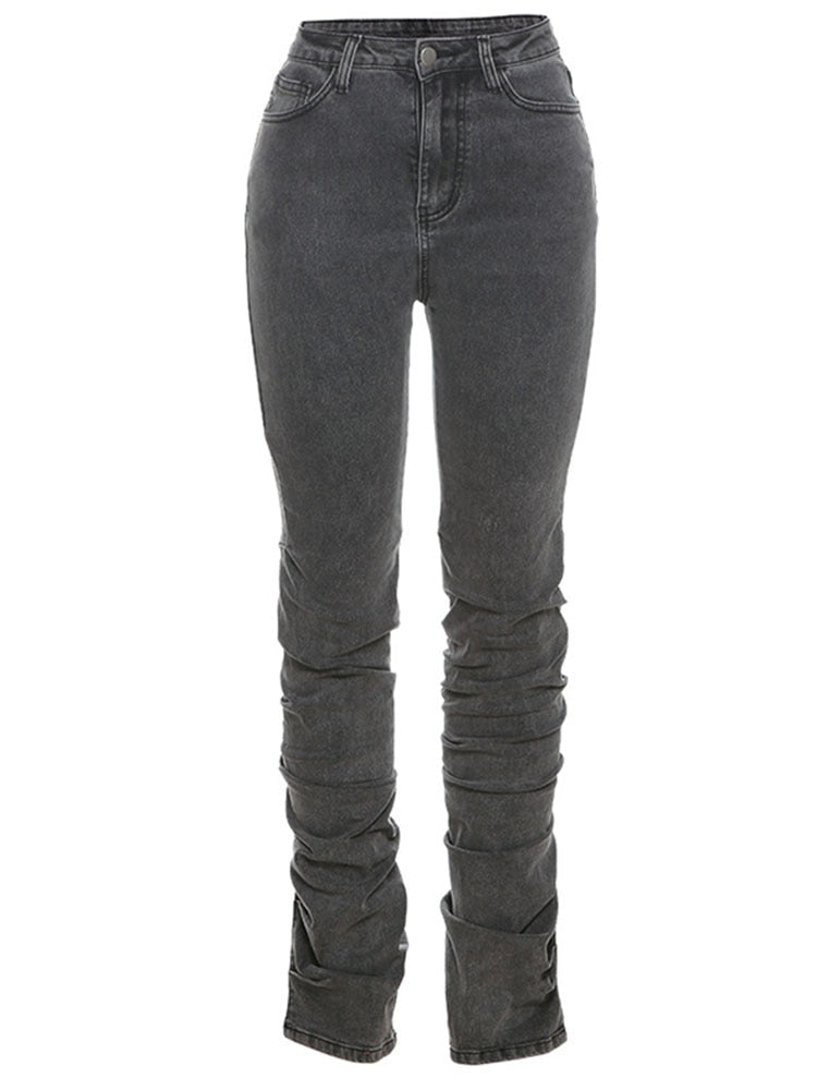 Grey Split Denim Stacked Pants